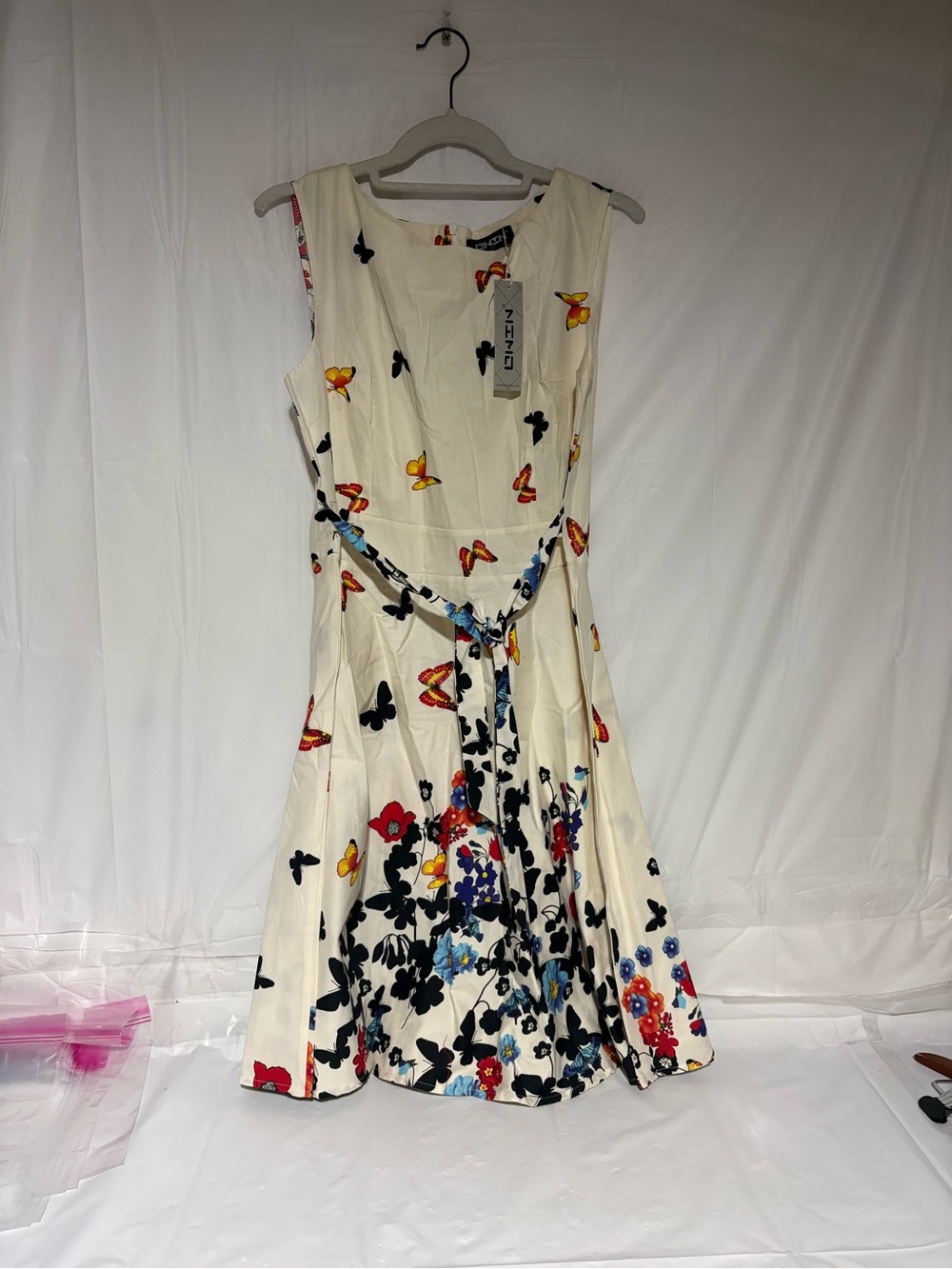 Fit-and-Flare Cream Midi Dress with Butterfly & Floral Print